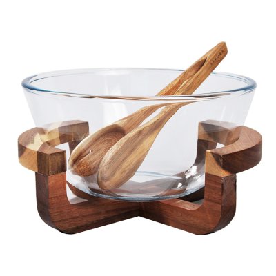 SET X3 PIEZAS SAKURA BOREAL GRANDE - ENSALADERA DE VIDRIO + BASE Y PINZA DE ACACIA