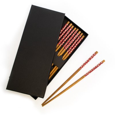 SET X5 PARES - PALILLOS SHIBUYA P/ SUSHI DE BAMBOO ROJO Y BLANCO